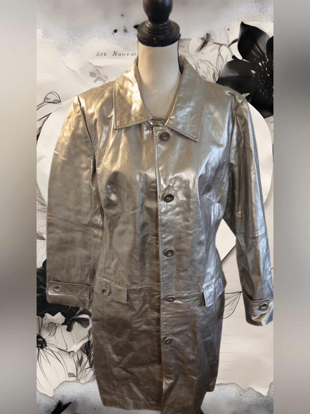 Newport News Genuine Leather Metallic Silver Trench Coat🔥